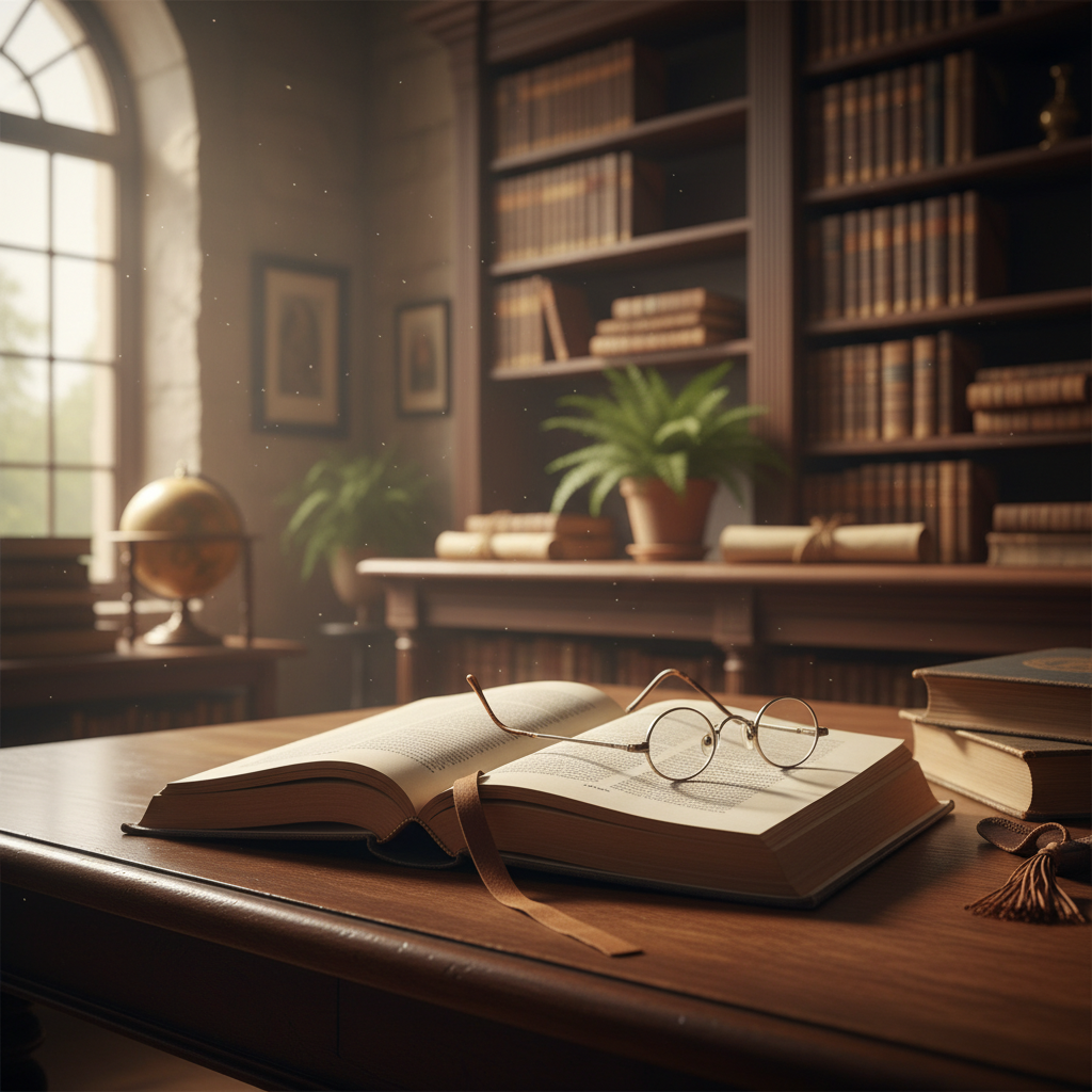 Livre ouvert posé sur une table de bibliothèque en bois sombre, baigné d'une lumière dorée tamisée évoquant la sagesse et la profondeur de la connaissance