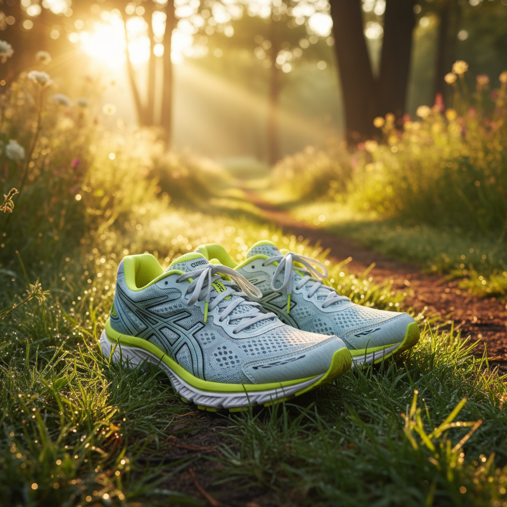 Paire de chaussures de sport posée sur un sentier herbeux baigné de lumière dorée du matin