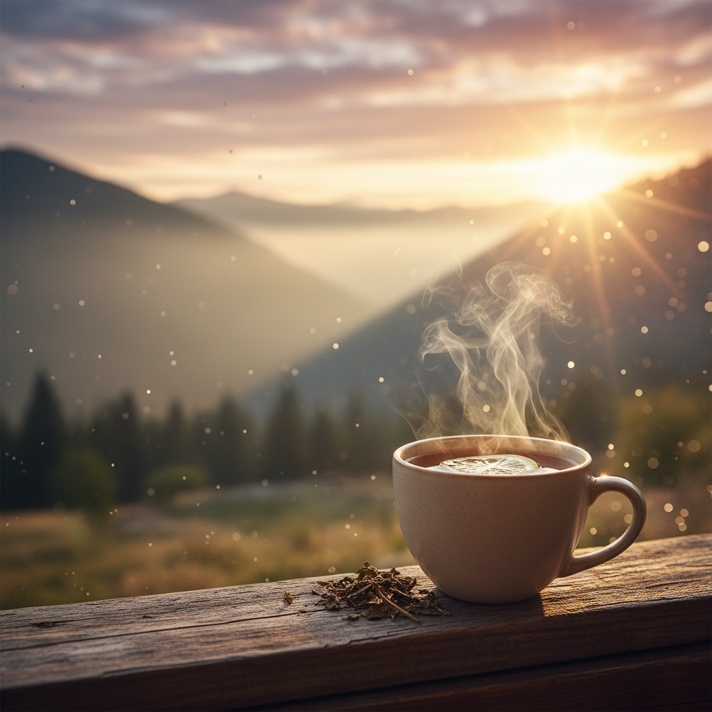 Tasse de thé chaud posée sur un rebord de fenêtre au lever du soleil, symbolisant la sérénité d'un matin calme et intentionnel
